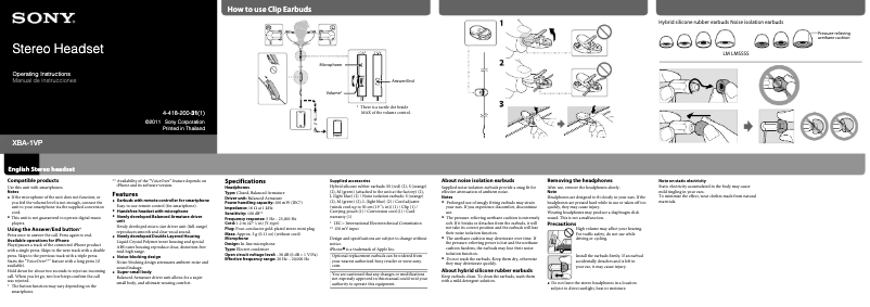 Page 1 de la notice Manuel utilisateur Sony XBA-1VP
