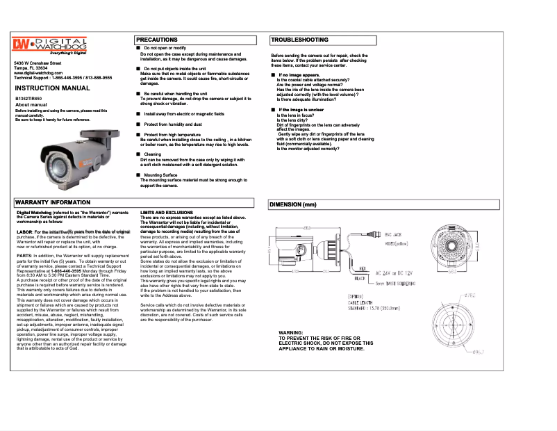 Page 1 de la notice Manuel utilisateur Digital Watchdog DWC-B1362TIR650