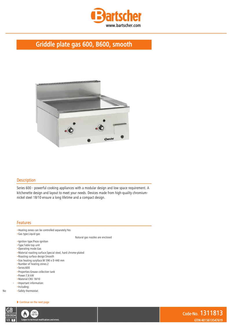 Page 1 de la notice Fiche technique Bartscher 1311813