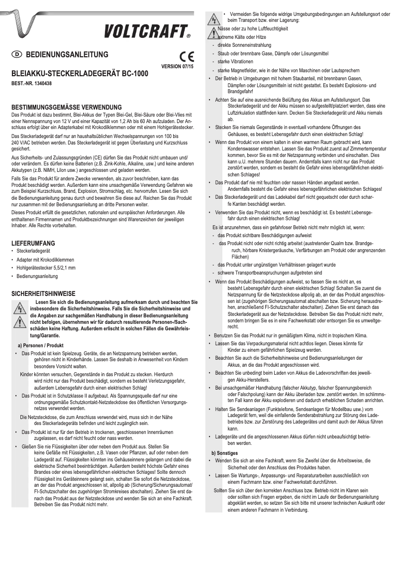 Page 1 de la notice Manuel utilisateur Voltcraft BC-1000