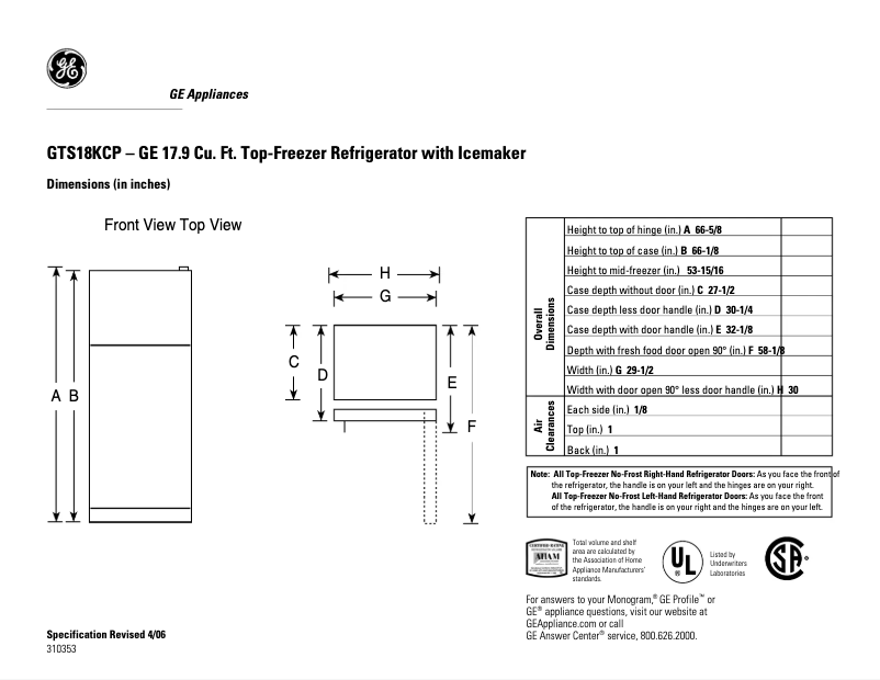 Page 1 de la notice Fiche technique GE GTS18KCPWW