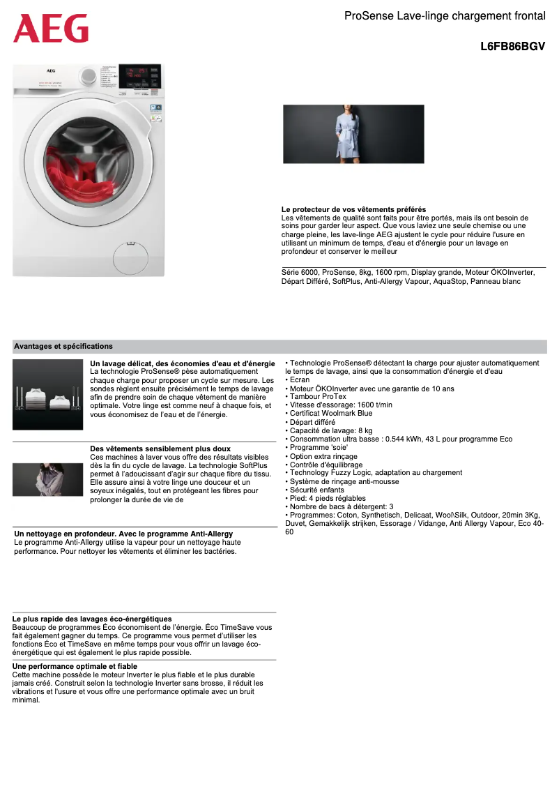 Page 1 de la notice Fiche technique AEG L6FB86BGV
