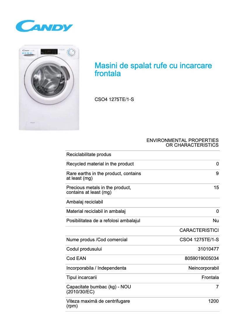 Page 1 de la notice Fiche technique Candy CSO4 1275TE/1-S