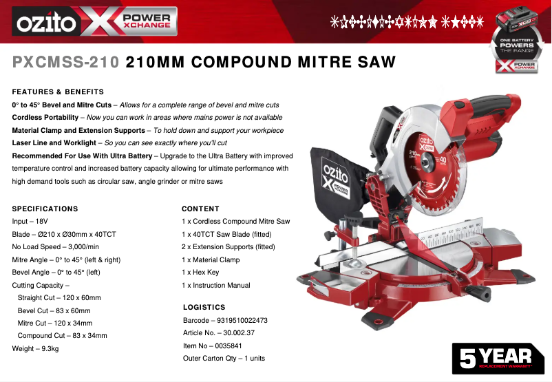 Page 1 de la notice Fiche technique Ozito PXCMSS-210