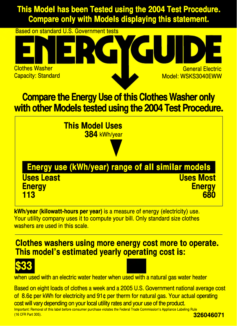 Page 1 de la notice Label énergétique GE WSKS3040EWW