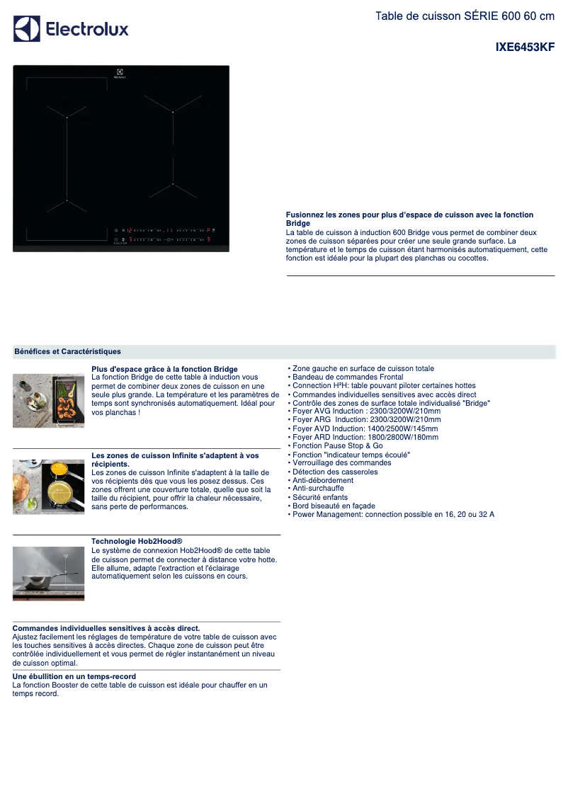 Page 1 de la notice Fiche technique Electrolux IXE6453KF