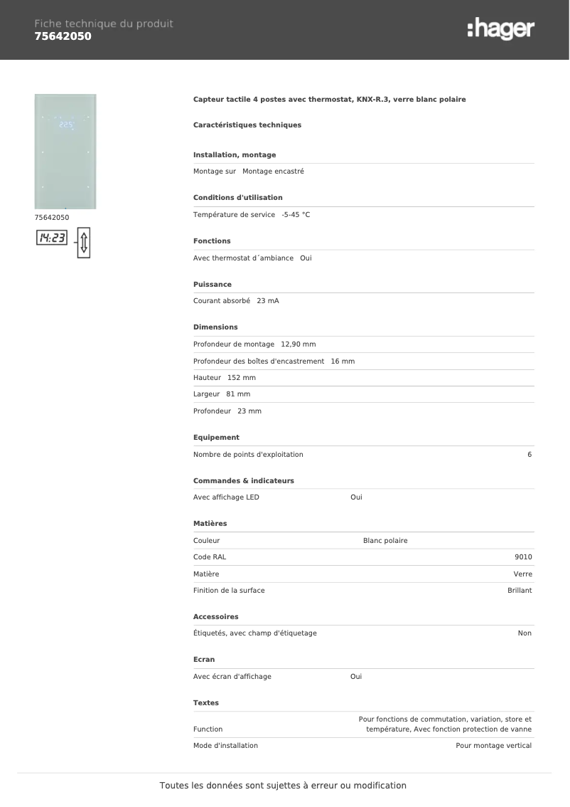 Page 1 de la notice Fiche technique Hager 75642050