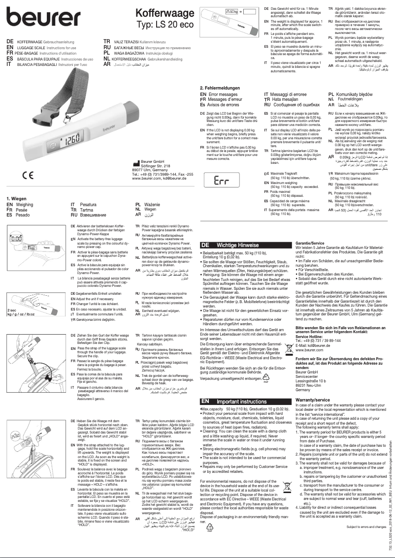 Page n°1 - Manuel utilisateur Beurer LS 20