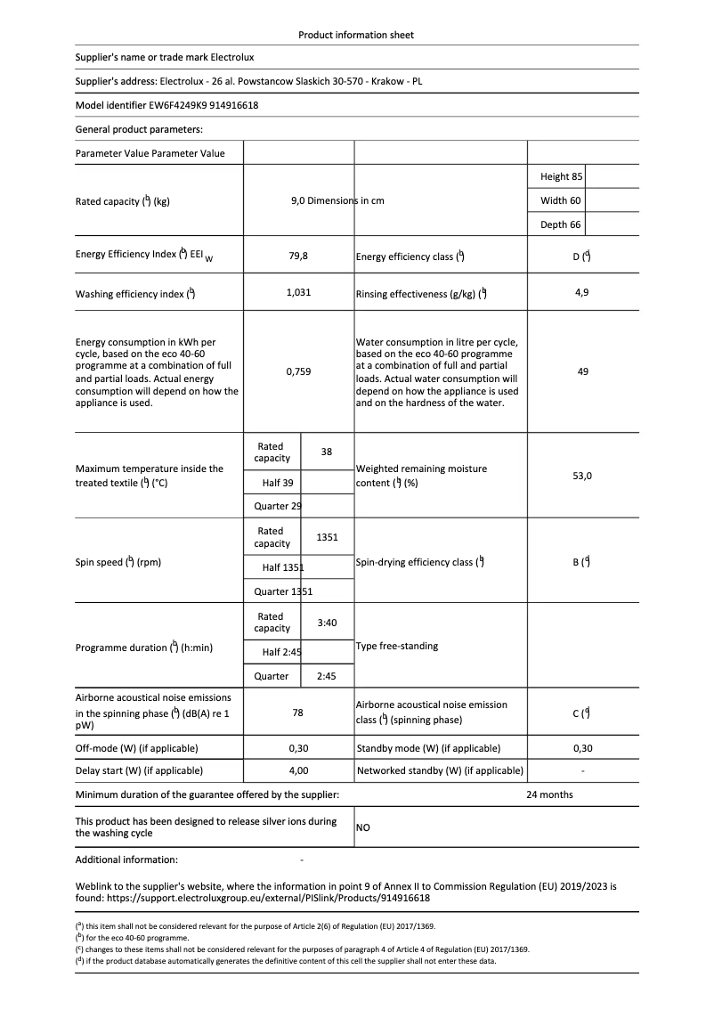 Page n°1 - Fiche technique Electrolux EW6F4249K9