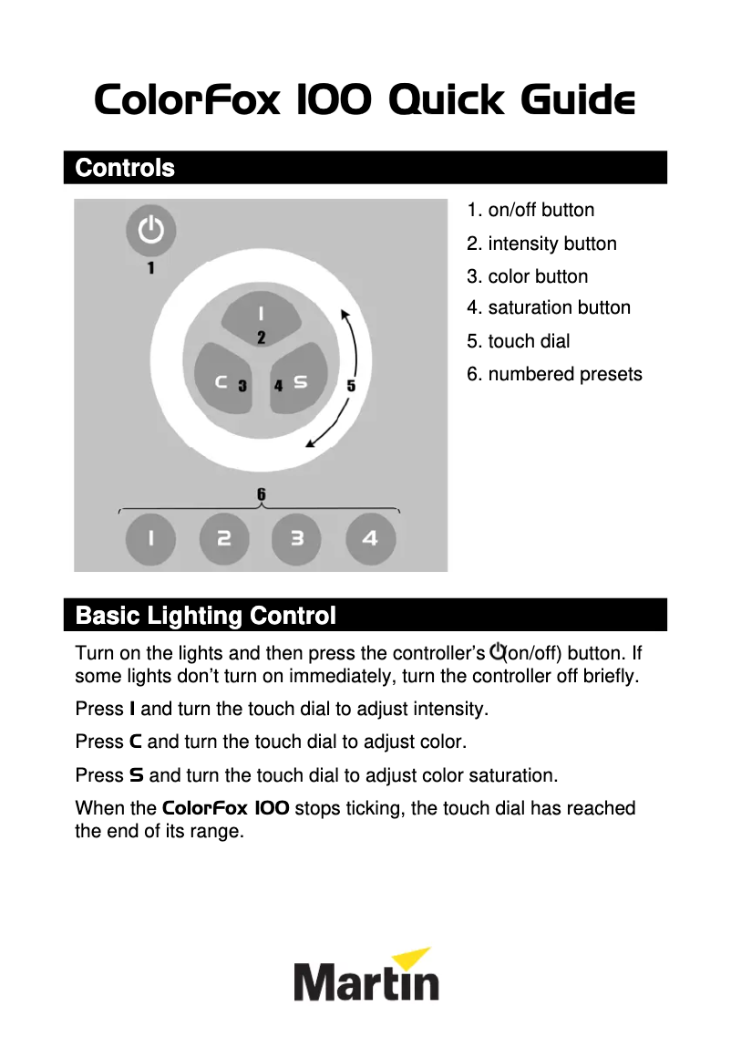 Page 1 de la notice Guide de démarrage rapide Martin ColorFox 100