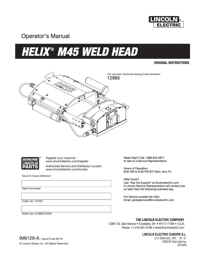 Página 1 del manual Manual de usuario Lincoln Electric HELIX M45 Weld Head