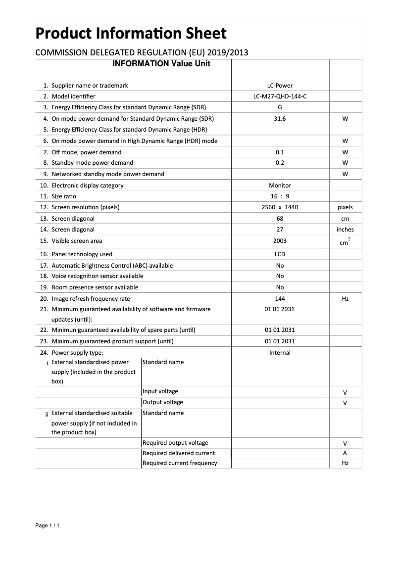 Page n°1 - Manuel utilisateur LC-Power LC-M27-QHD-144-C