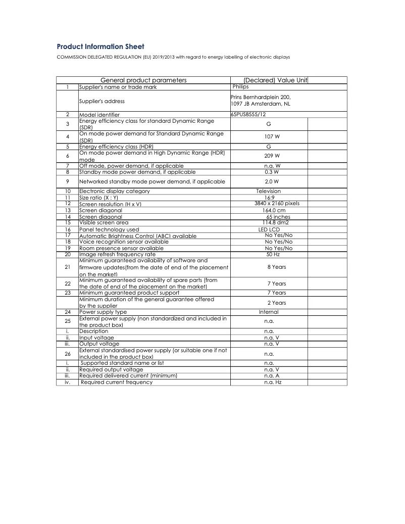 Page 1 de la notice Fiche technique Philips 65PUS8555