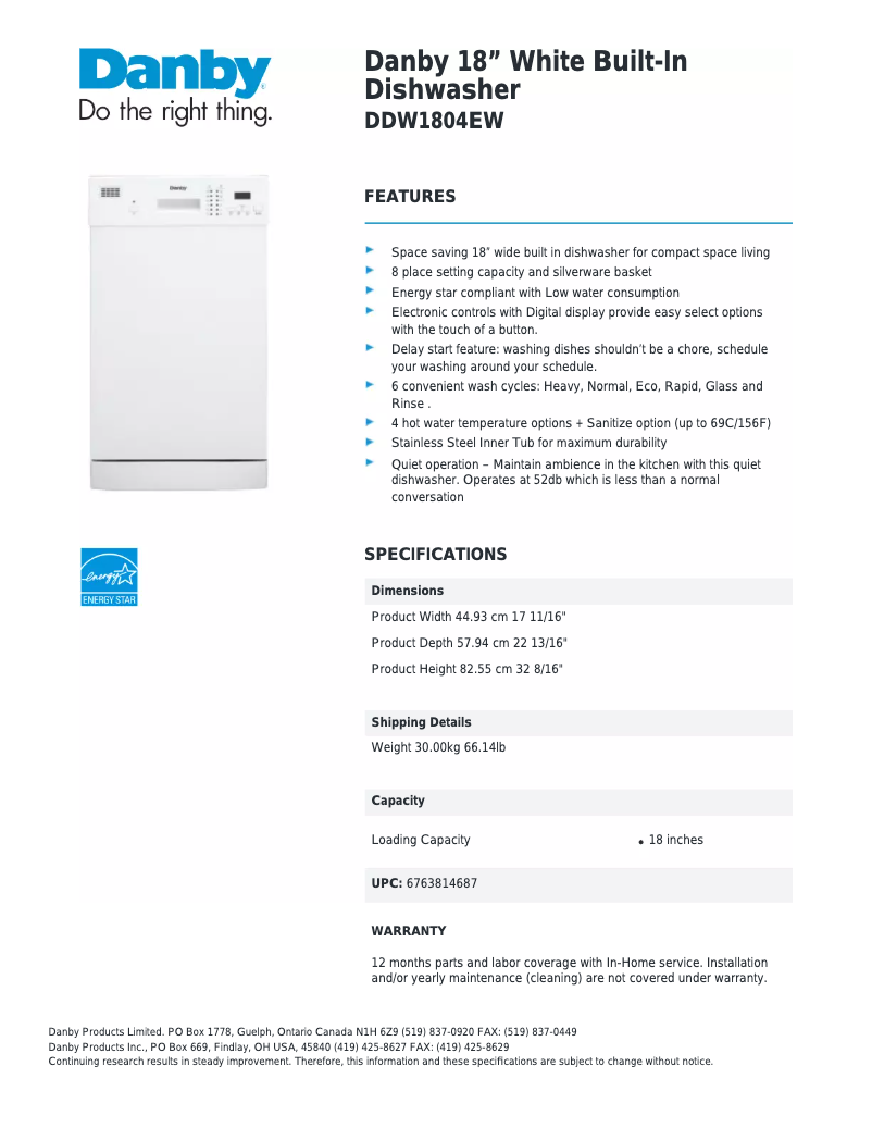 Page n°1 - Fiche technique Danby DDW1804EW