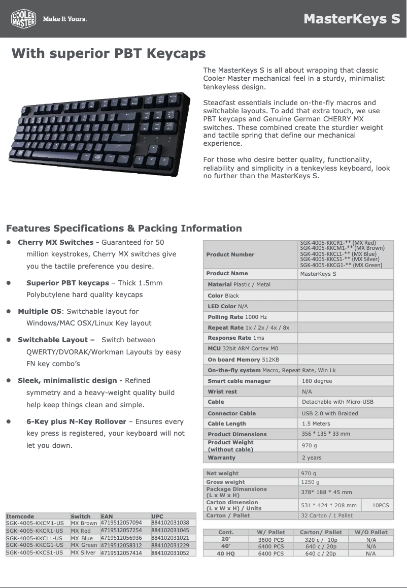 Page 1 of the manual Technical Sheet Cooler Master MasterKeys S