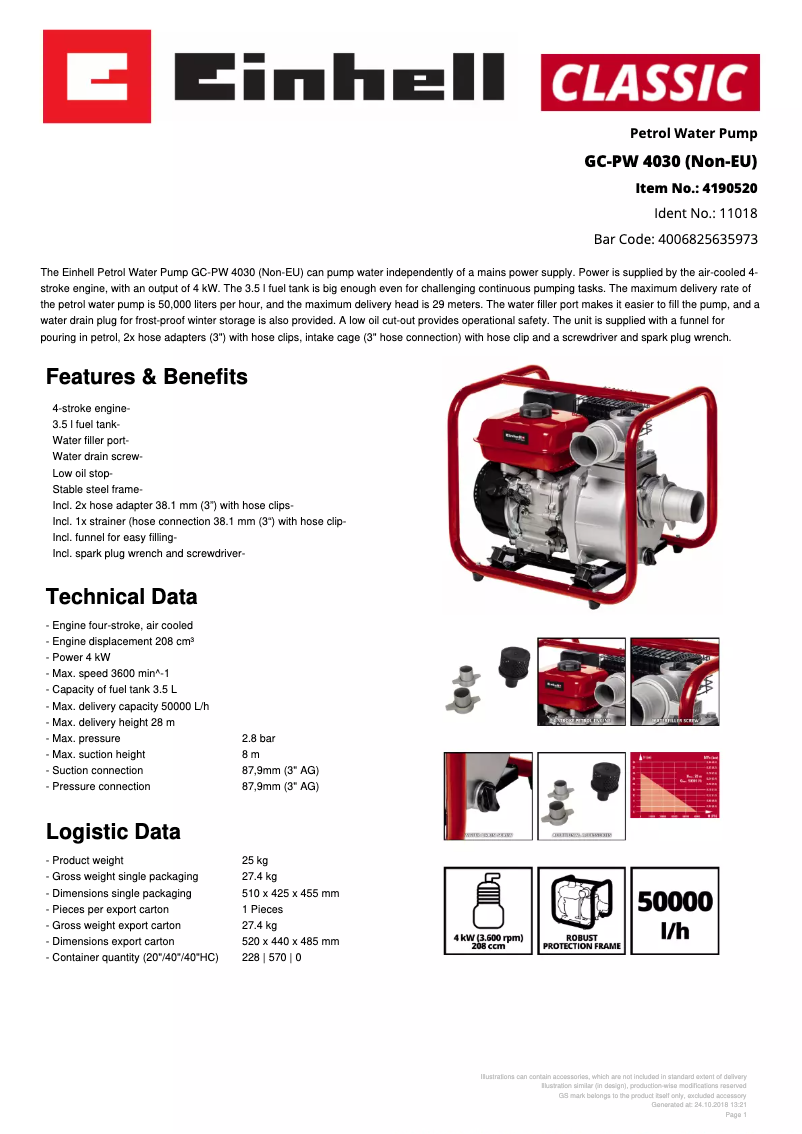 Page n°1 - Fiche technique Einhell GC-PW 4030