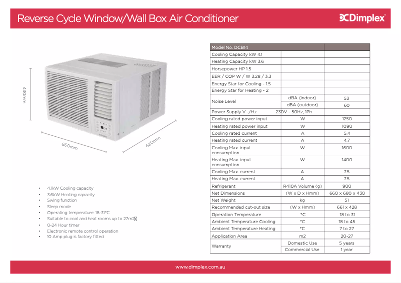 Page 1 de la notice Fiche technique Dimplex DCB14