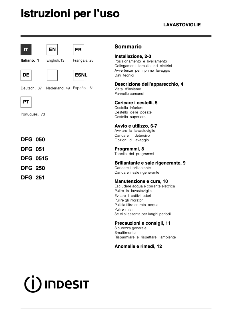 Page n°1 - Manuel utilisateur Indesit DFG051 EU