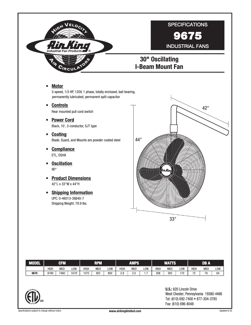 Page 1 de la notice Fiche technique Air King 9675