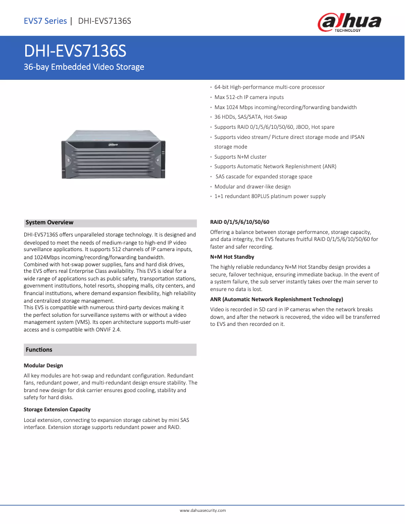 Page 1 de la notice Fiche technique Dahua Technology EVS7136S
