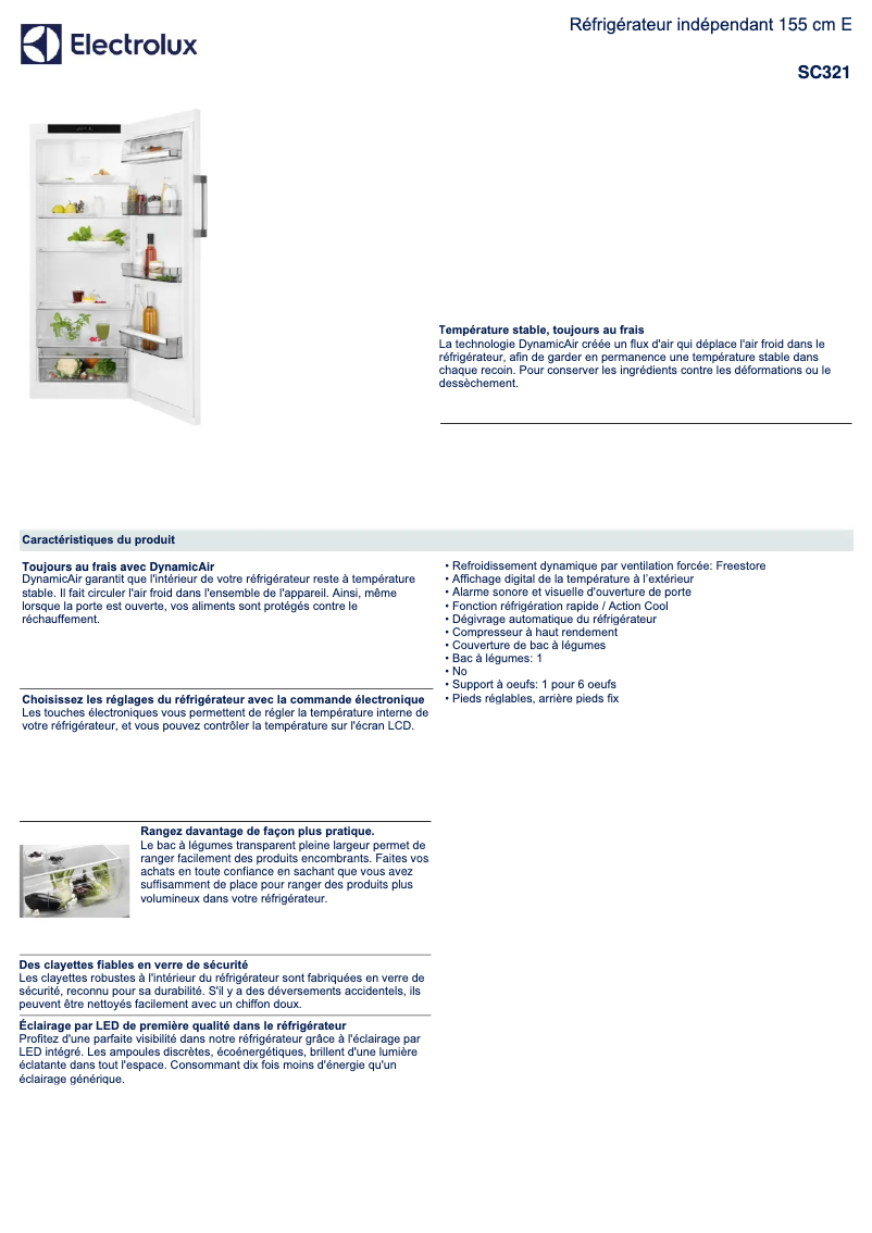 Page 1 de la notice Fiche technique Electrolux SC321