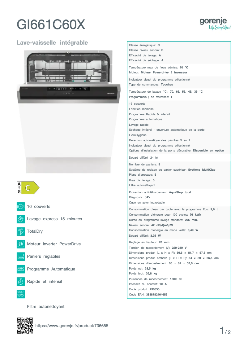 Page 1 de la notice Fiche technique Gorenje GI661C60X