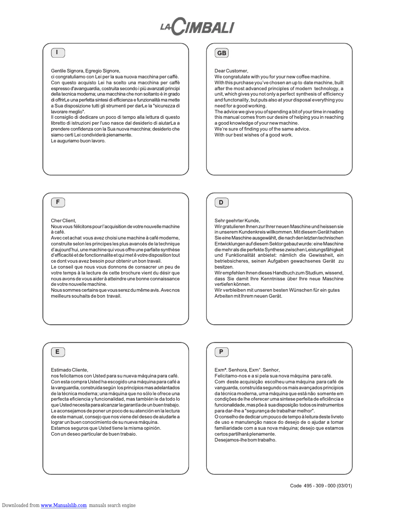 Page 1 de la notice Manuel utilisateur La Cimbali M32 Bistro dt1