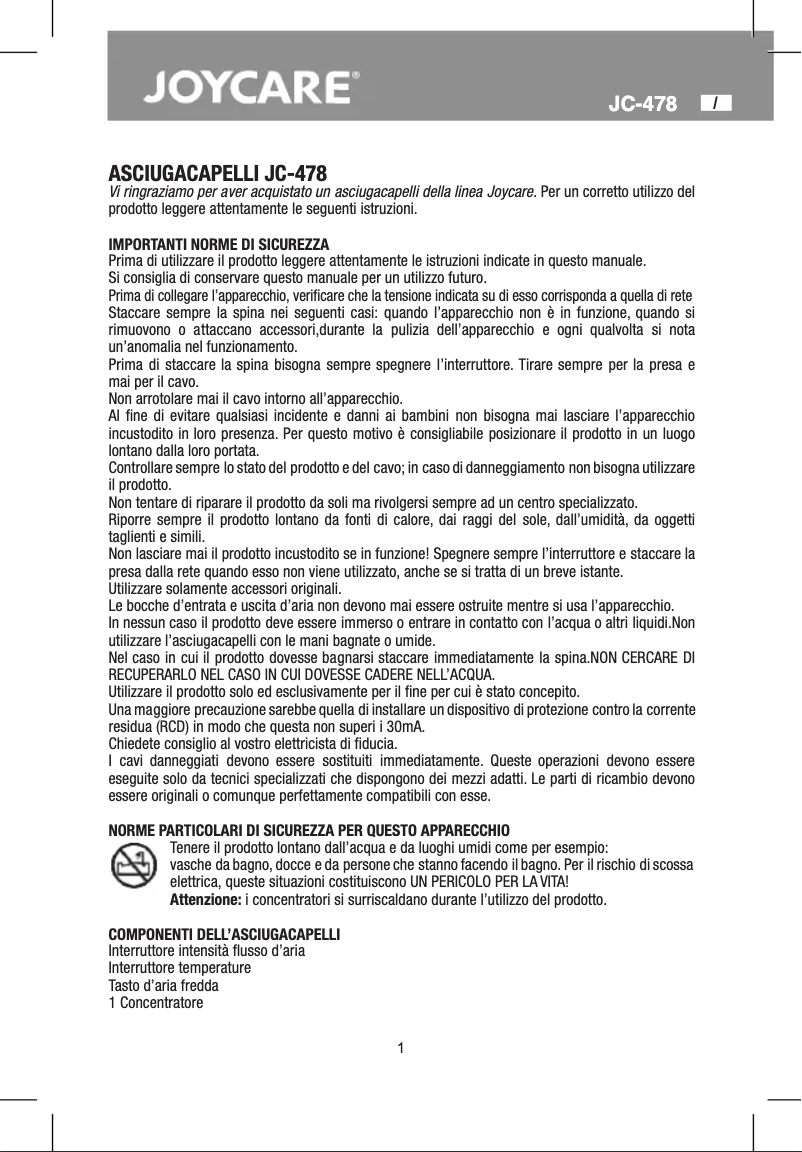 Page 1 de la notice Manuel utilisateur Joycare JC-478V