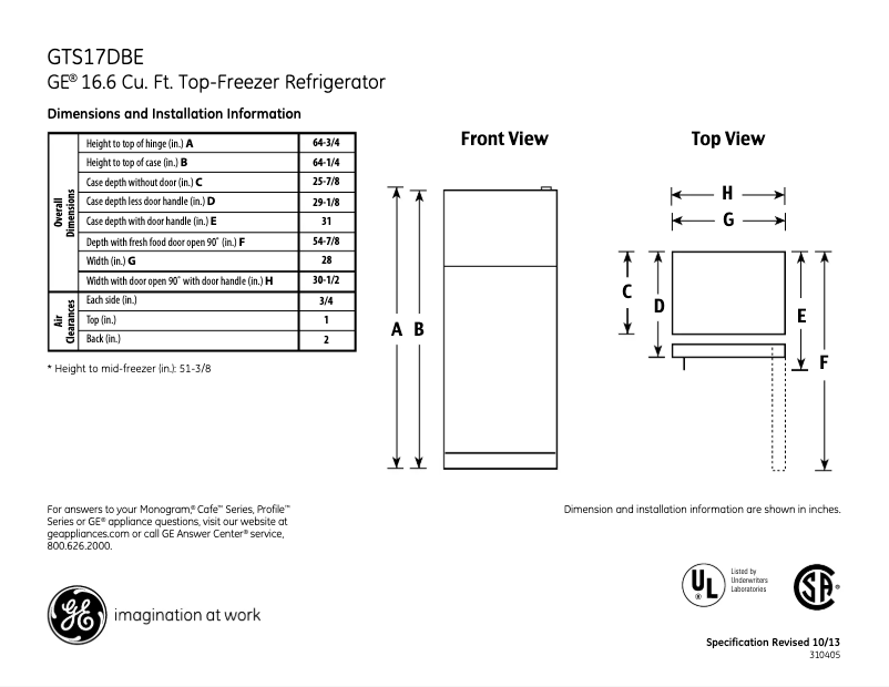 Page 1 de la notice Fiche technique GE GTS17DBEWW