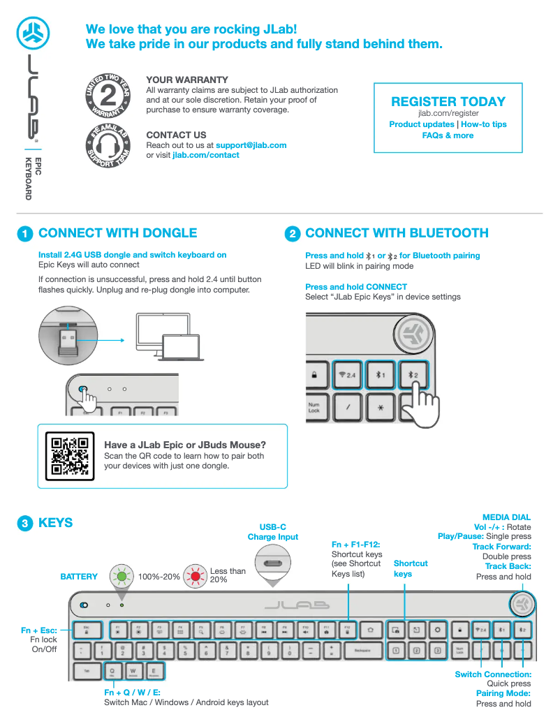 Page 1 de la notice Manuel utilisateur JLab Epic Keyboard