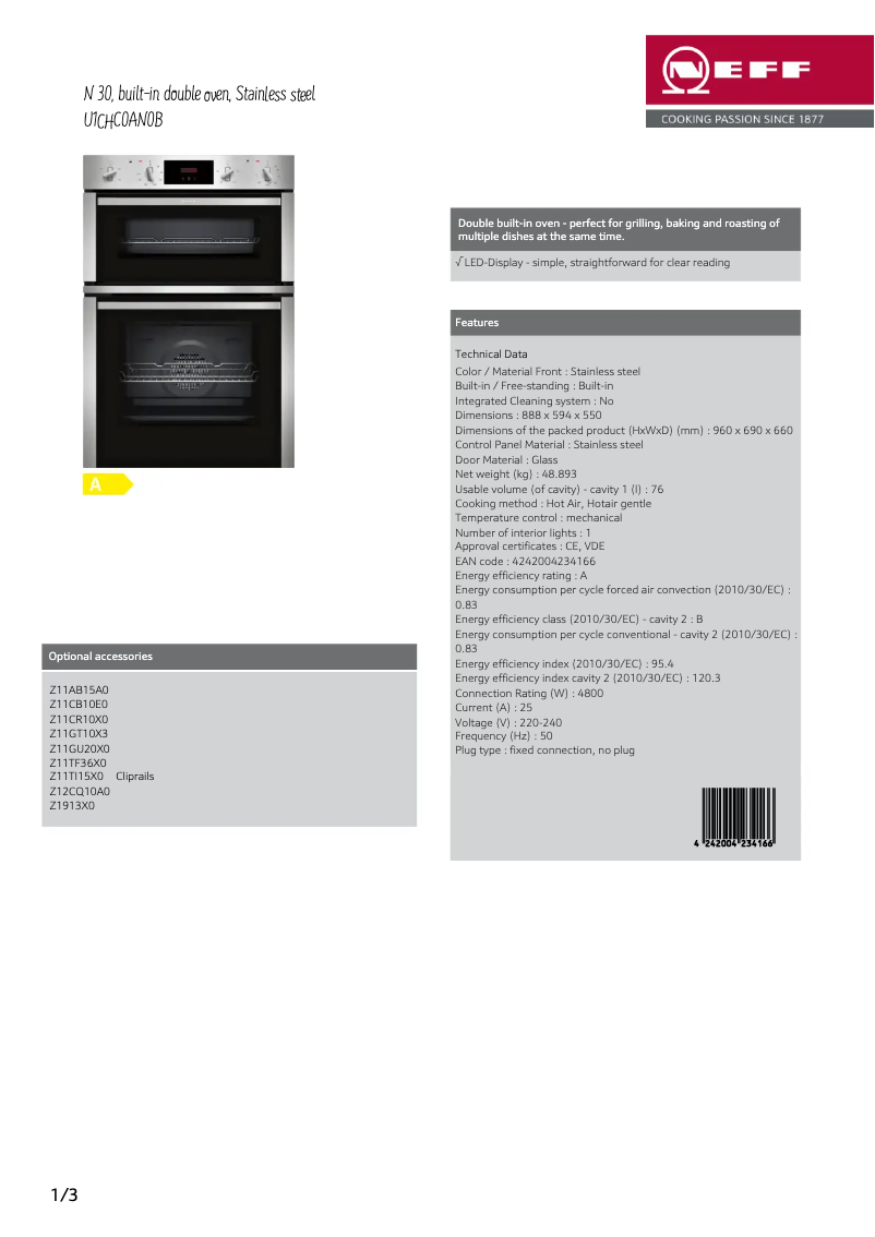 Page 1 de la notice Fiche technique Neff U1CHC0AN0B