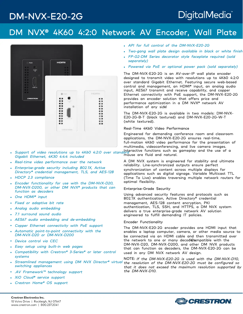 Page 1 de la notice Fiche technique Crestron DM-NVX-E20-2G-W-T