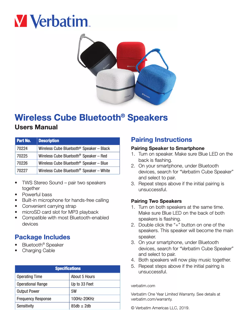 Page 1 de la notice Manuel utilisateur Verbatim Wireless Cube Bluetooth 70227