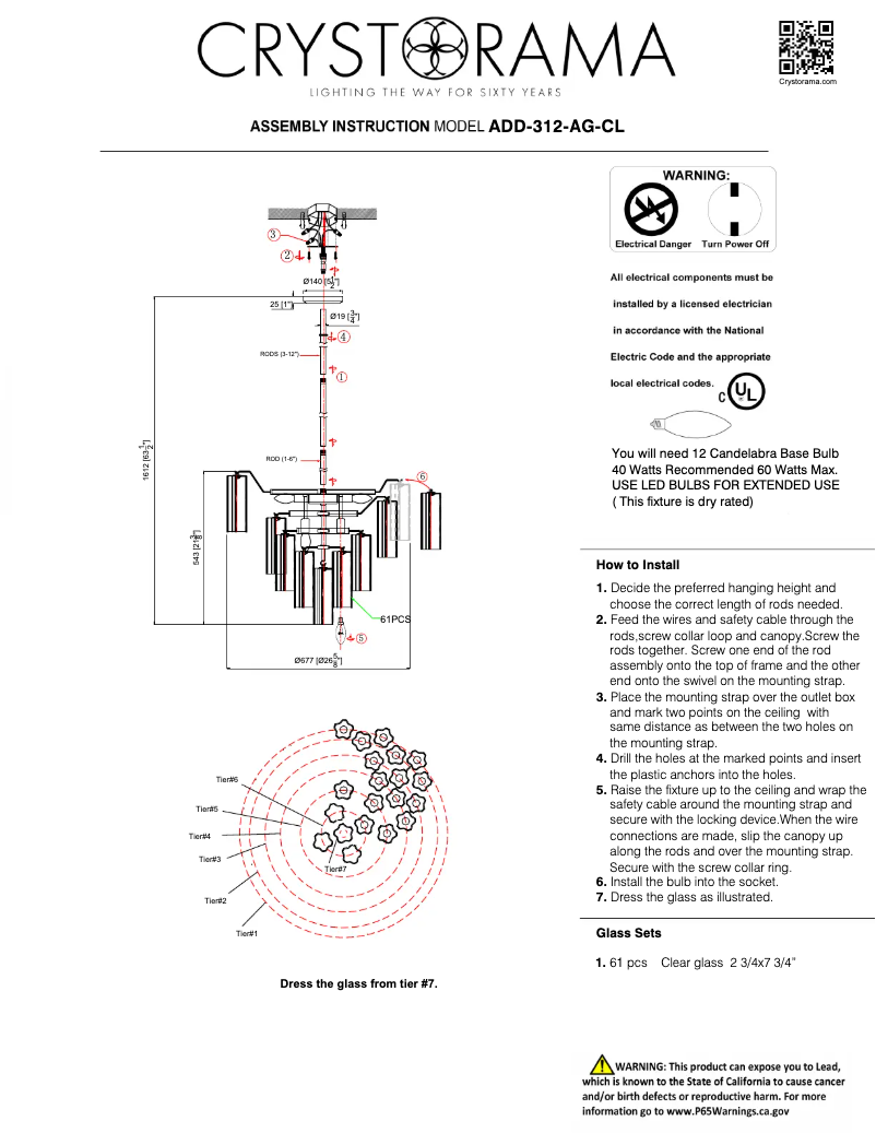 Page 1 de la notice Manuel utilisateur Crystorama Addis ADD-312-AG-CL