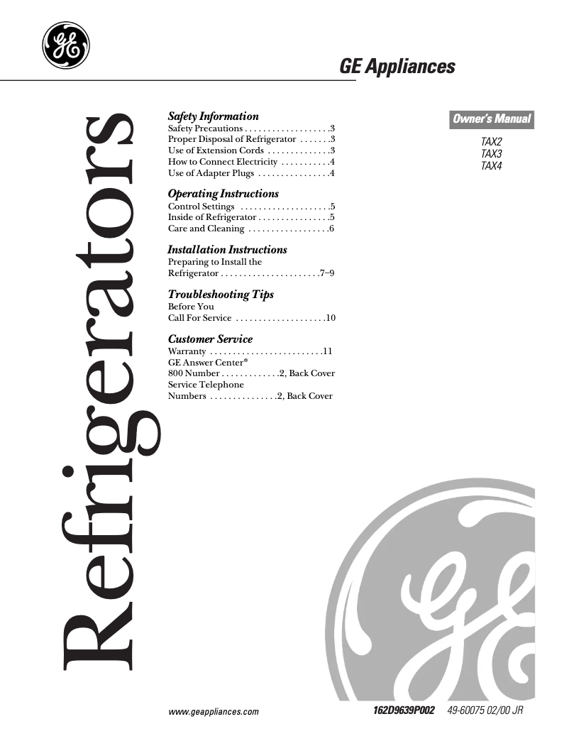 Page 1 de la notice Manuel d'utilisation et d'entretien GE TAX2SNCWH