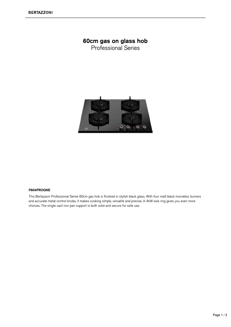 Page 1 de la notice Fiche technique Bertazzoni P604PROGNE