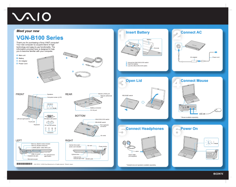Page n°1 - Guide d'installation Sony Vaio VGN-B100
