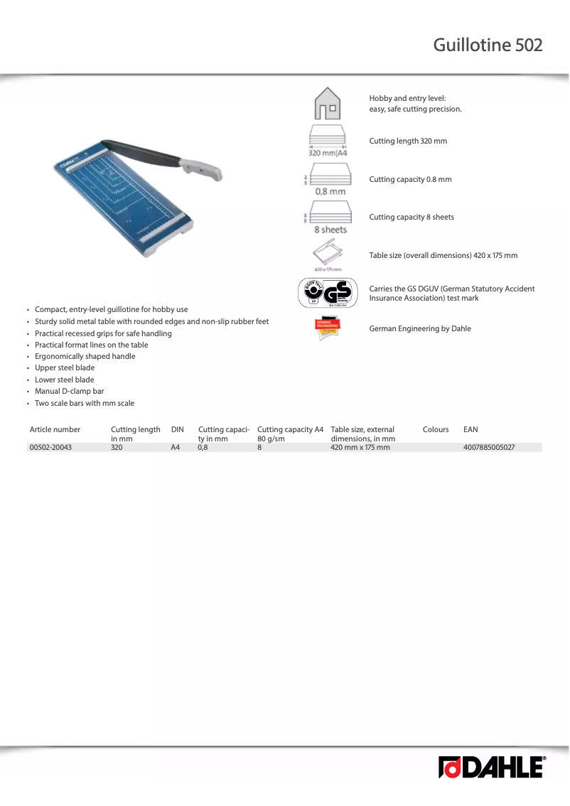 Page 1 of the manual User Manual Dahle Guillotine 502