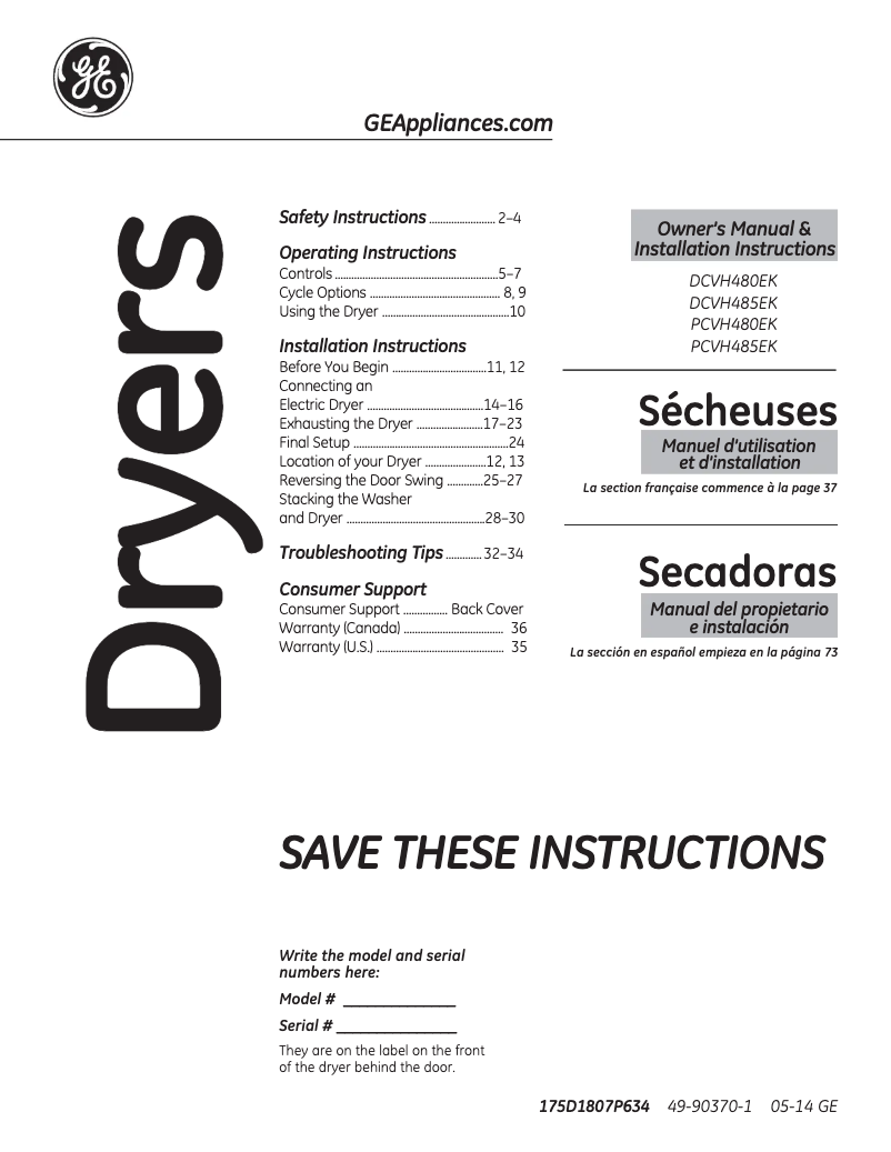 Page n°1 - Manuel utilisateur GE DCVH480EK