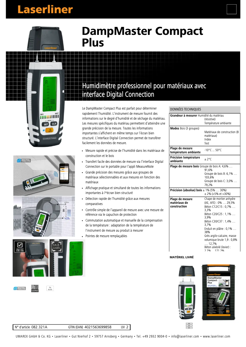 Page 1 de la notice Fiche technique Laserliner DampMaster Compact Plus