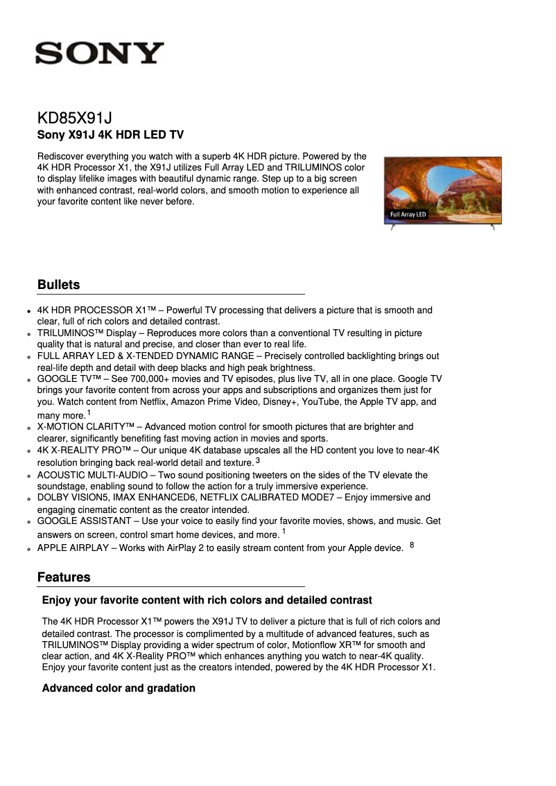 Page 1 de la notice Fiche technique Sony KD-85X91J