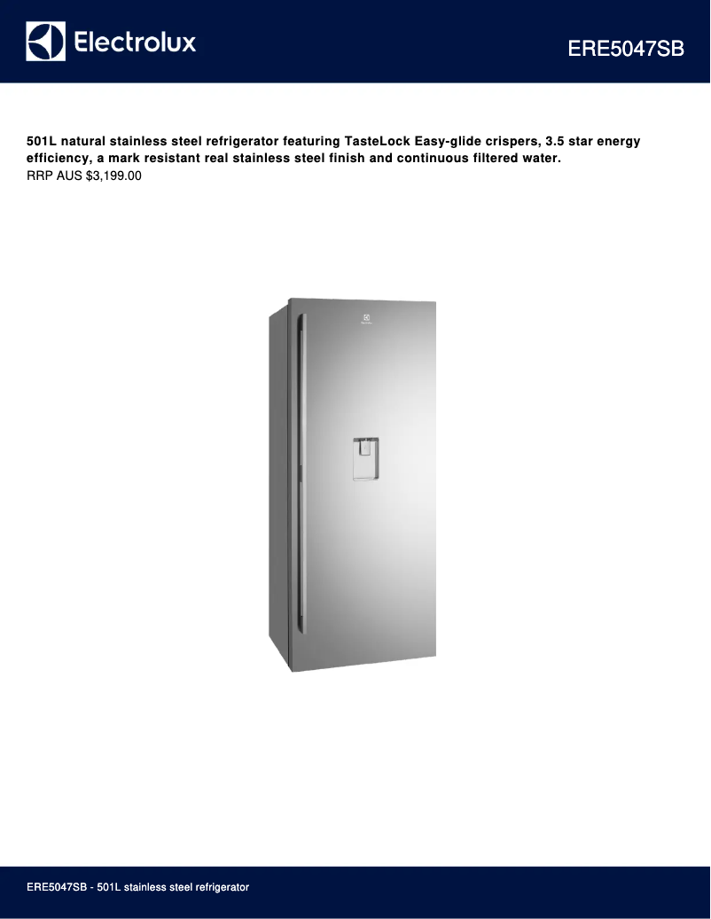 Page 1 de la notice Fiche technique Electrolux ERE5047SB