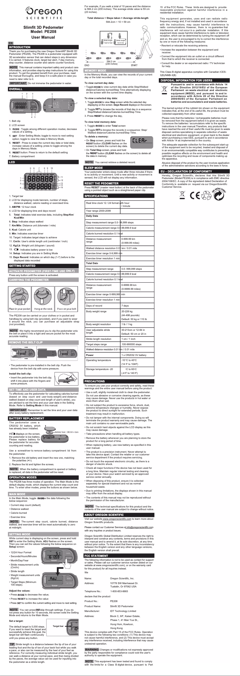 Page n°1 - Manuel utilisateur Oregon Scientific PE208