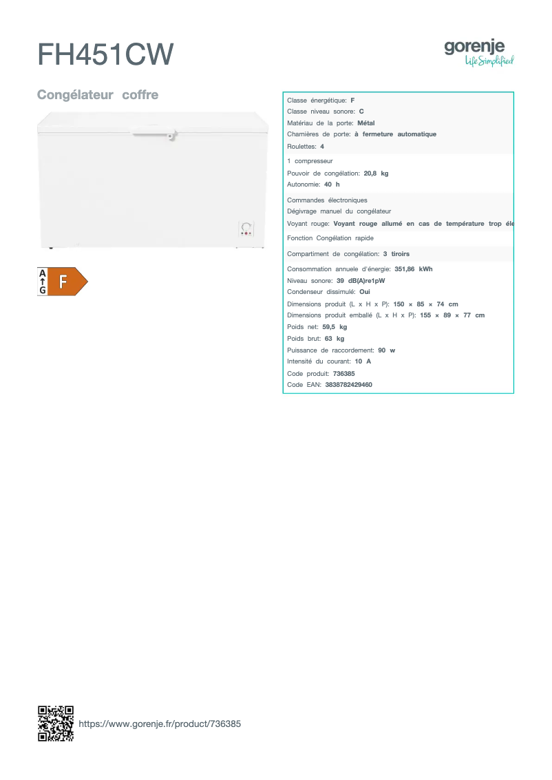 Page n°1 - Fiche technique Gorenje FH451CW