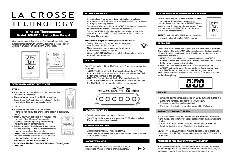 Page 1 de la notice Manuel utilisateur La Crosse Technology 308-1910