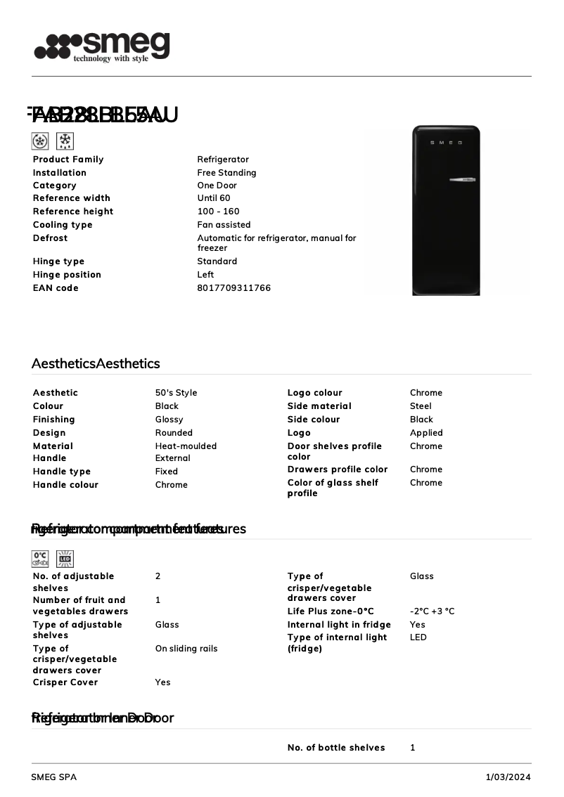 Page 1 de la notice Fiche technique Smeg FAB28LBL5AU