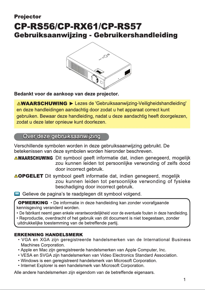Image de la première page du manuel de l'appareil CP-RS57W