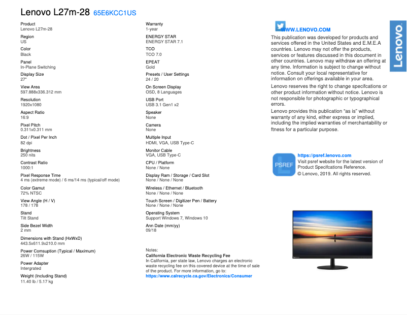 Page n°1 - Fiche technique Lenovo L27m-28