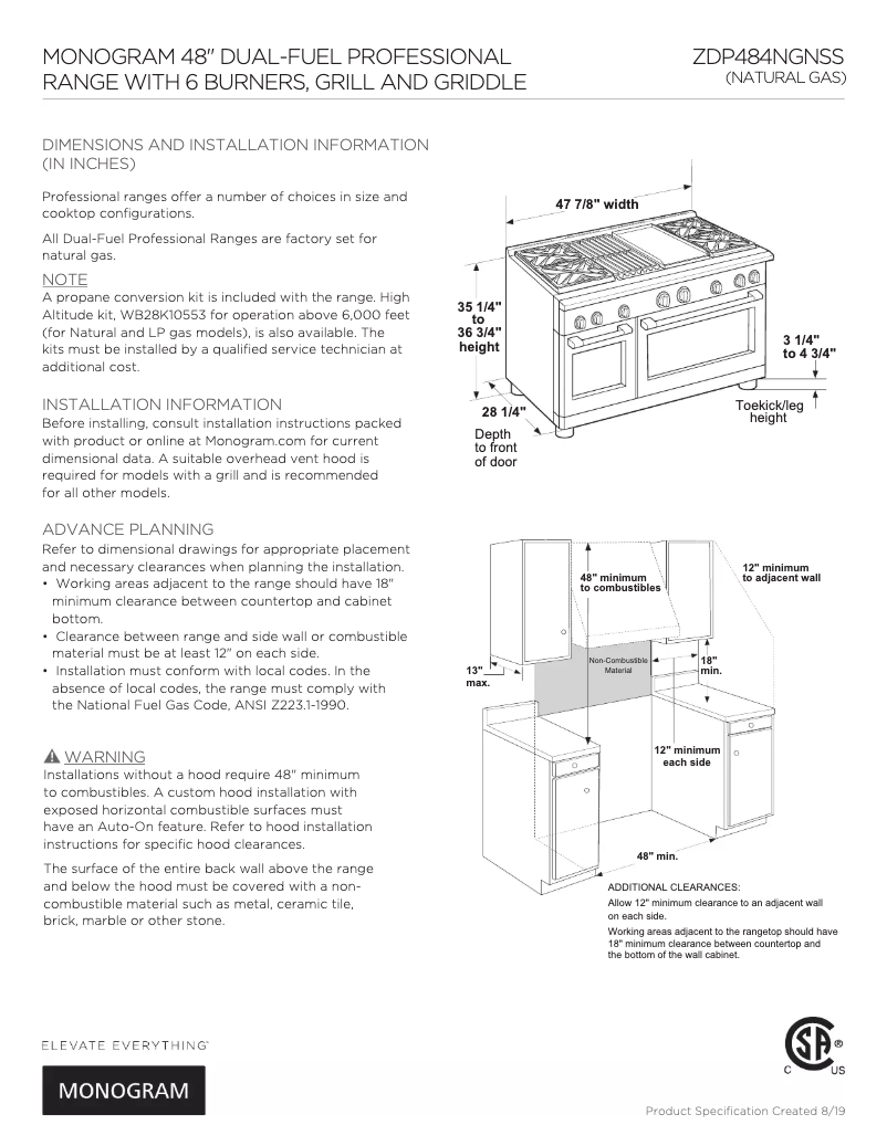 Page 1 de la notice Fiche technique Monogram ZDP484NGN