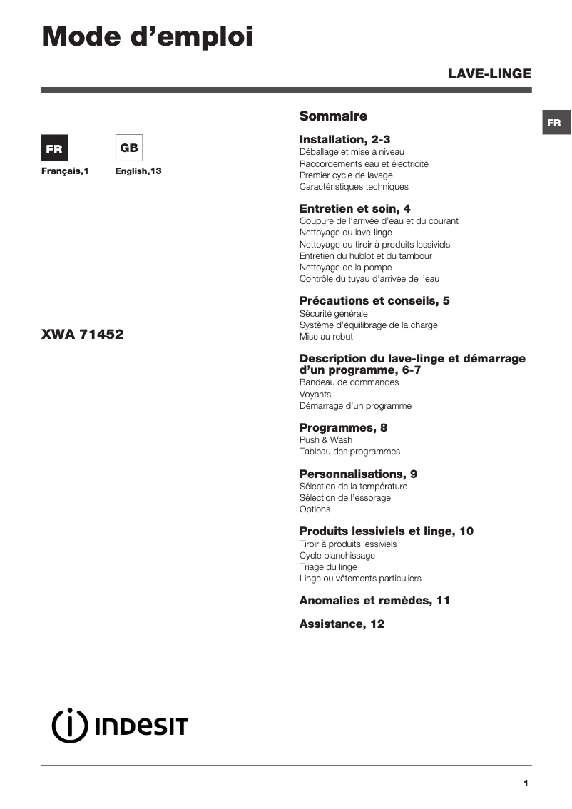 Image de la première page du manuel de l'appareil XWA 71452 W FR